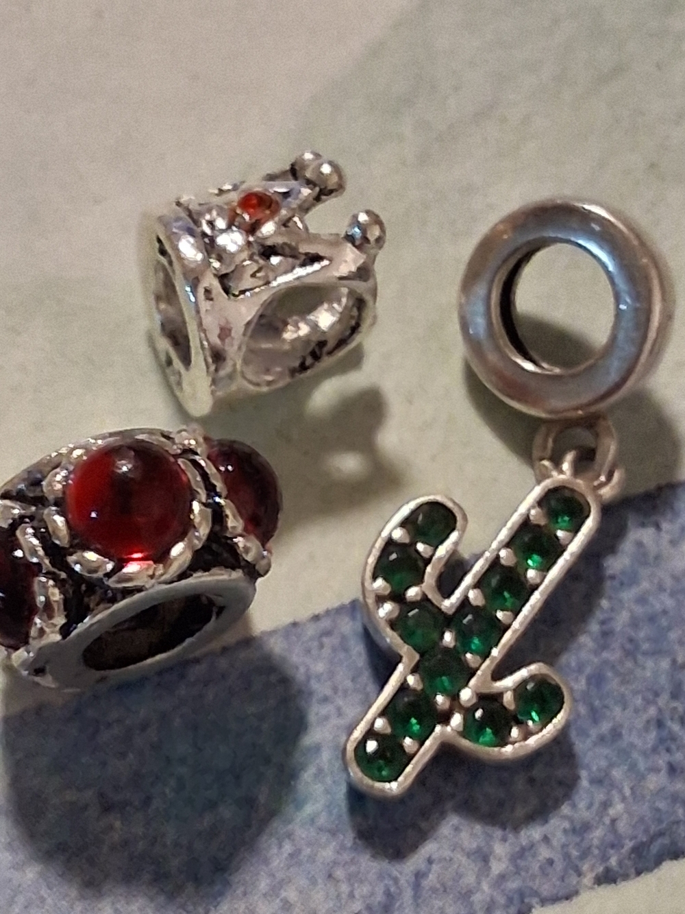 3 Sterling Silver Snake Chain Charms Green Cactus, Crown, Garnet Studed